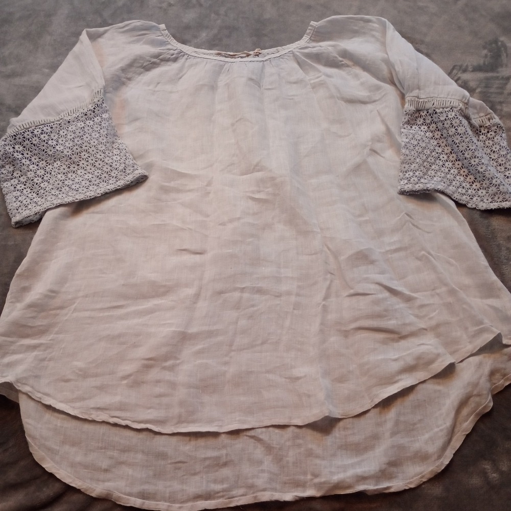 Soft Surroundings 100% Linen Top Blouse Shirt Womens Size XL Ivory Eyelet Sleeve